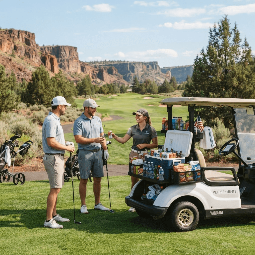 A stocked golf beverage cart parked on a fairway in the high desert