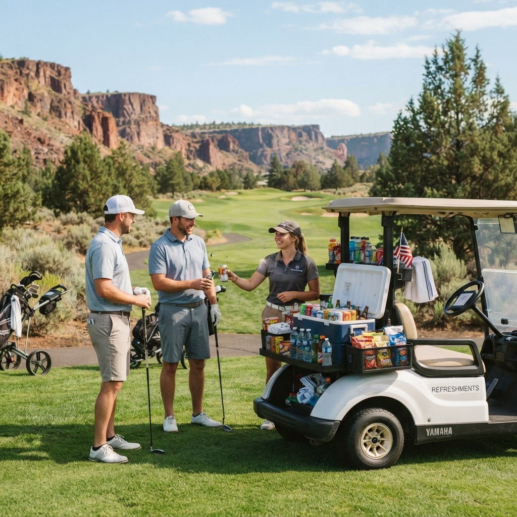 A stocked golf beverage cart parked on a fairway in the high desert