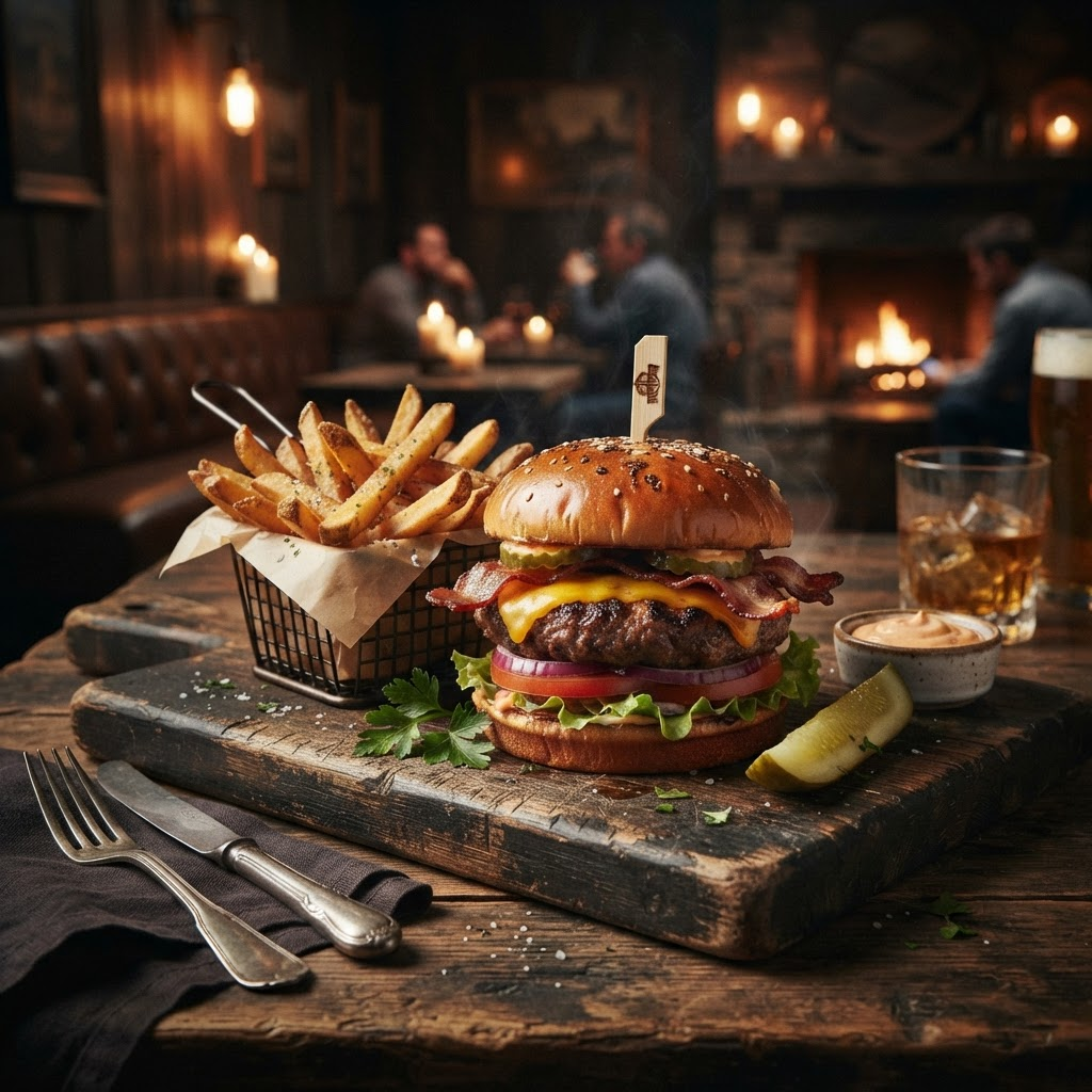 A rustic Western bacon cheeseburger with hand-cut fries