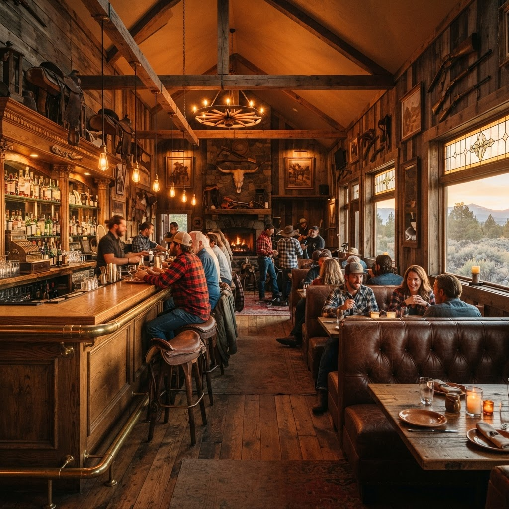 The warm, rustic interior of the Crooked Cowboy Public House at golden hour