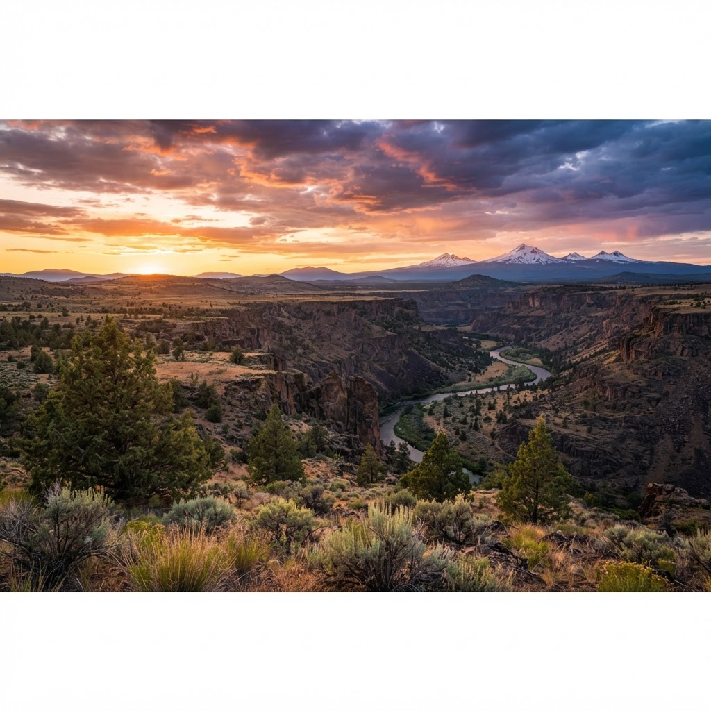 The high-desert canyon landscape of Crooked River Ranch at sunset